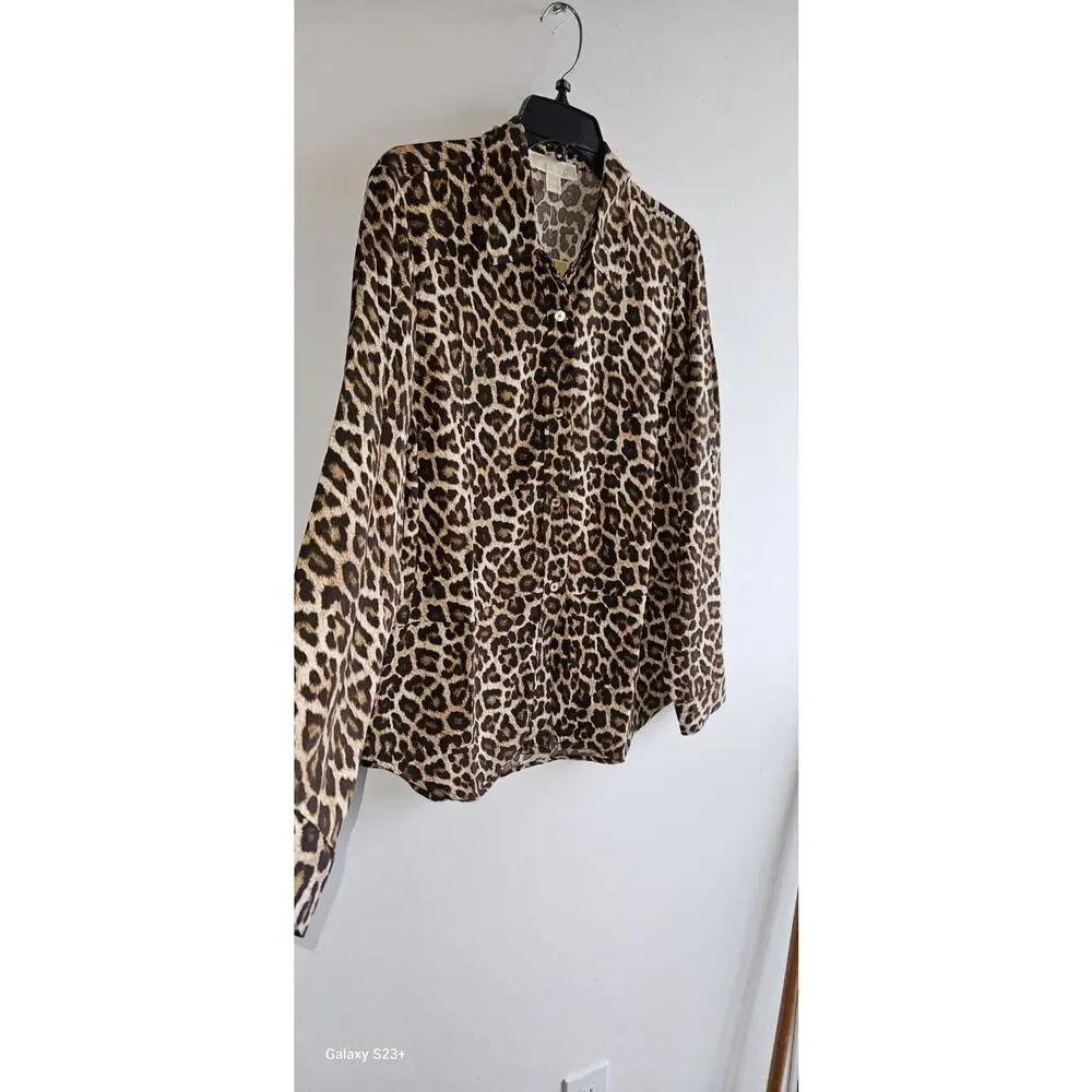 Michael Kors Women's Dark Camel Leopard Print Long Sleeve Tunic Blouse Top L NWT